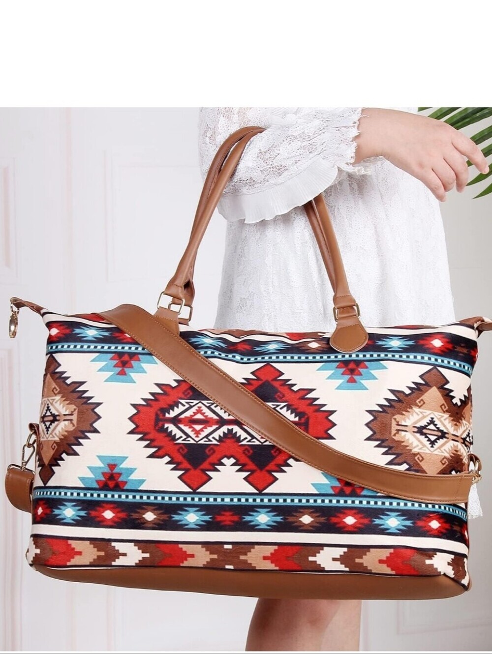 Boho Aztec Print Travel Tote Bag in Brown and Red